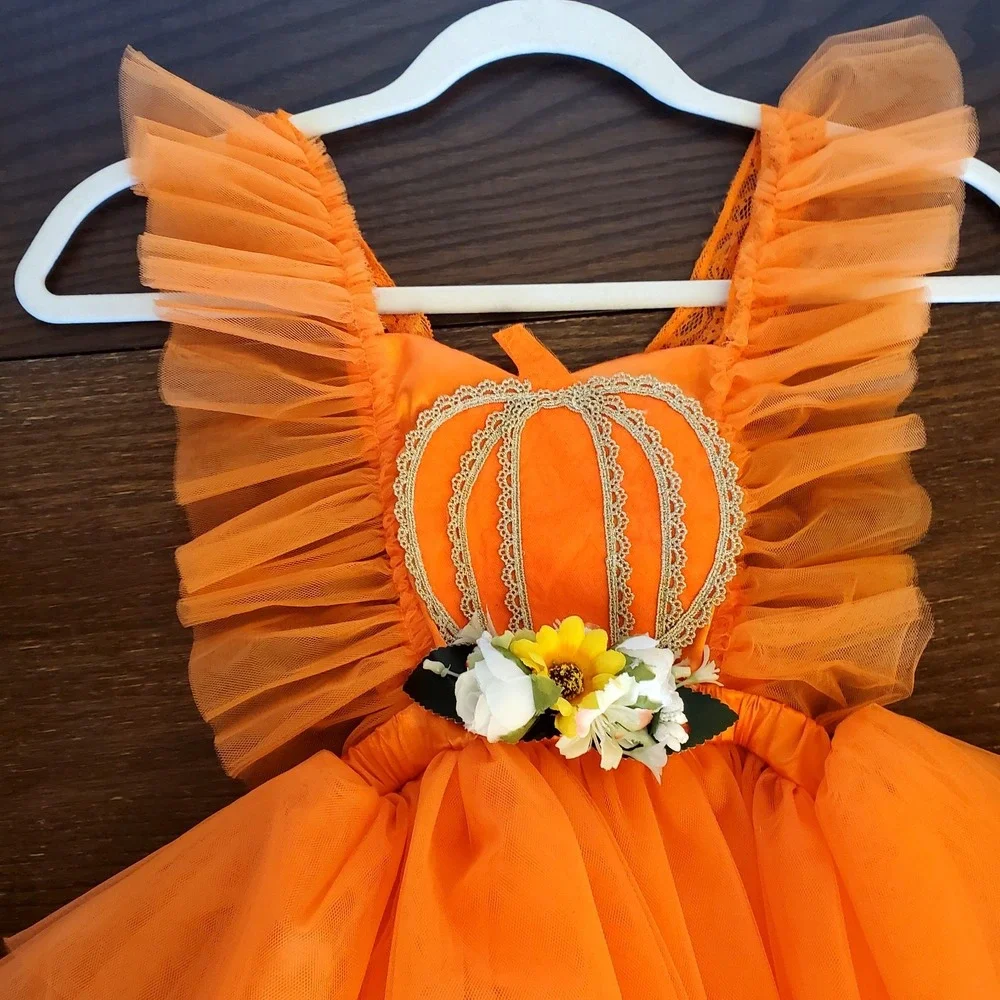 Cute Baby Girl Orange Pumpkin Halloween Tutu Dress Baby Infant Size 18-24Mos NEW